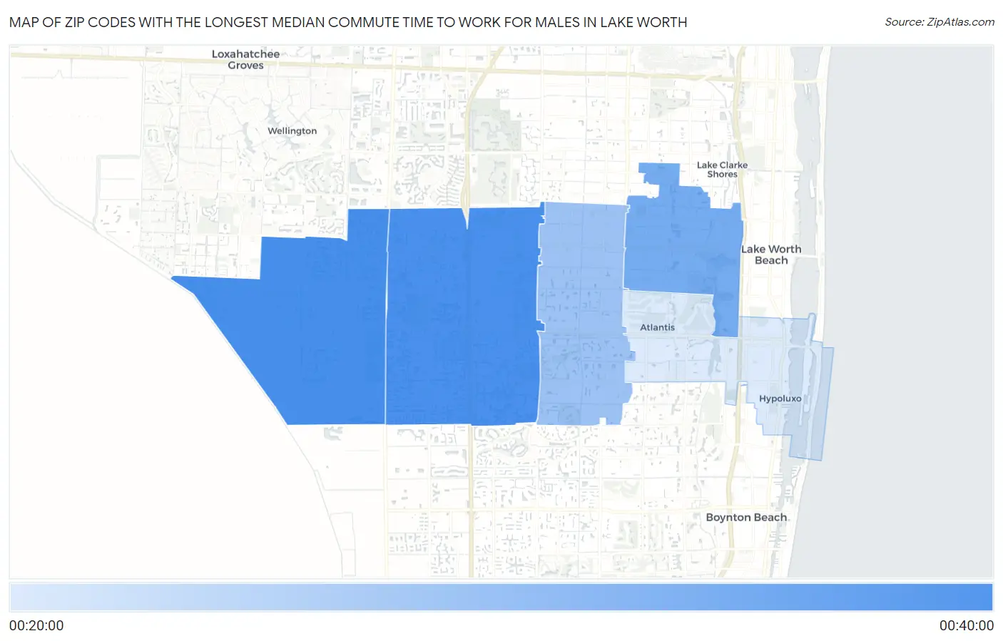 Zip Codes with the Longest Median Commute Time to Work for Males in Lake Worth Map