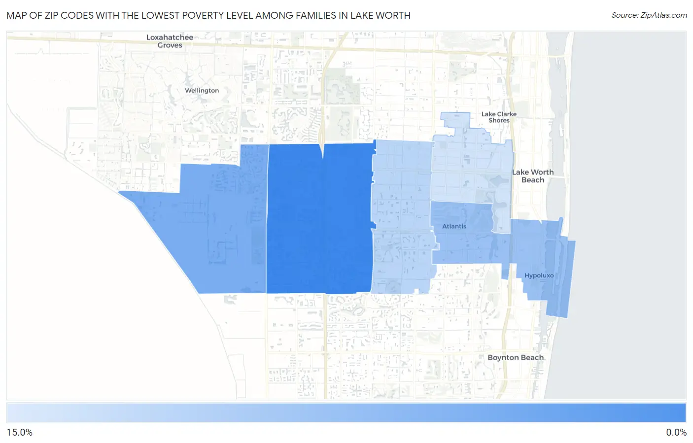 Zip Codes with the Lowest Poverty Level Among Families in Lake Worth Map