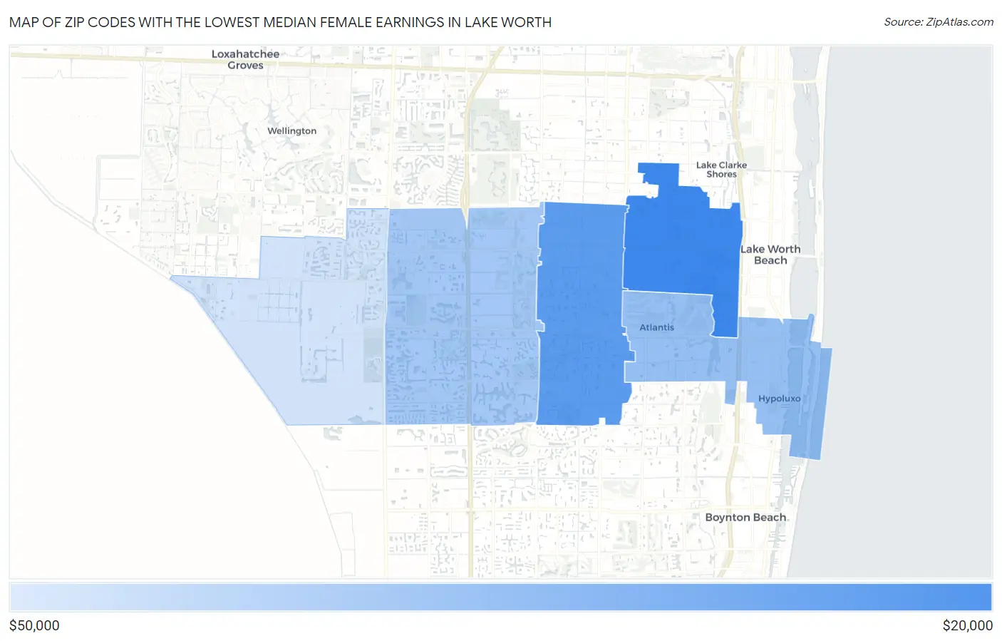 Zip Codes with the Lowest Median Female Earnings in Lake Worth Map