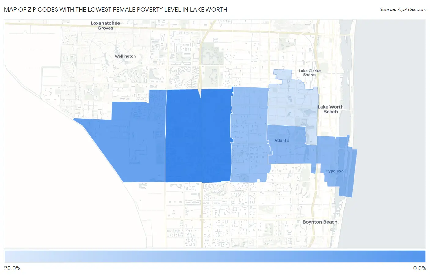 Zip Codes with the Lowest Female Poverty Level in Lake Worth Map