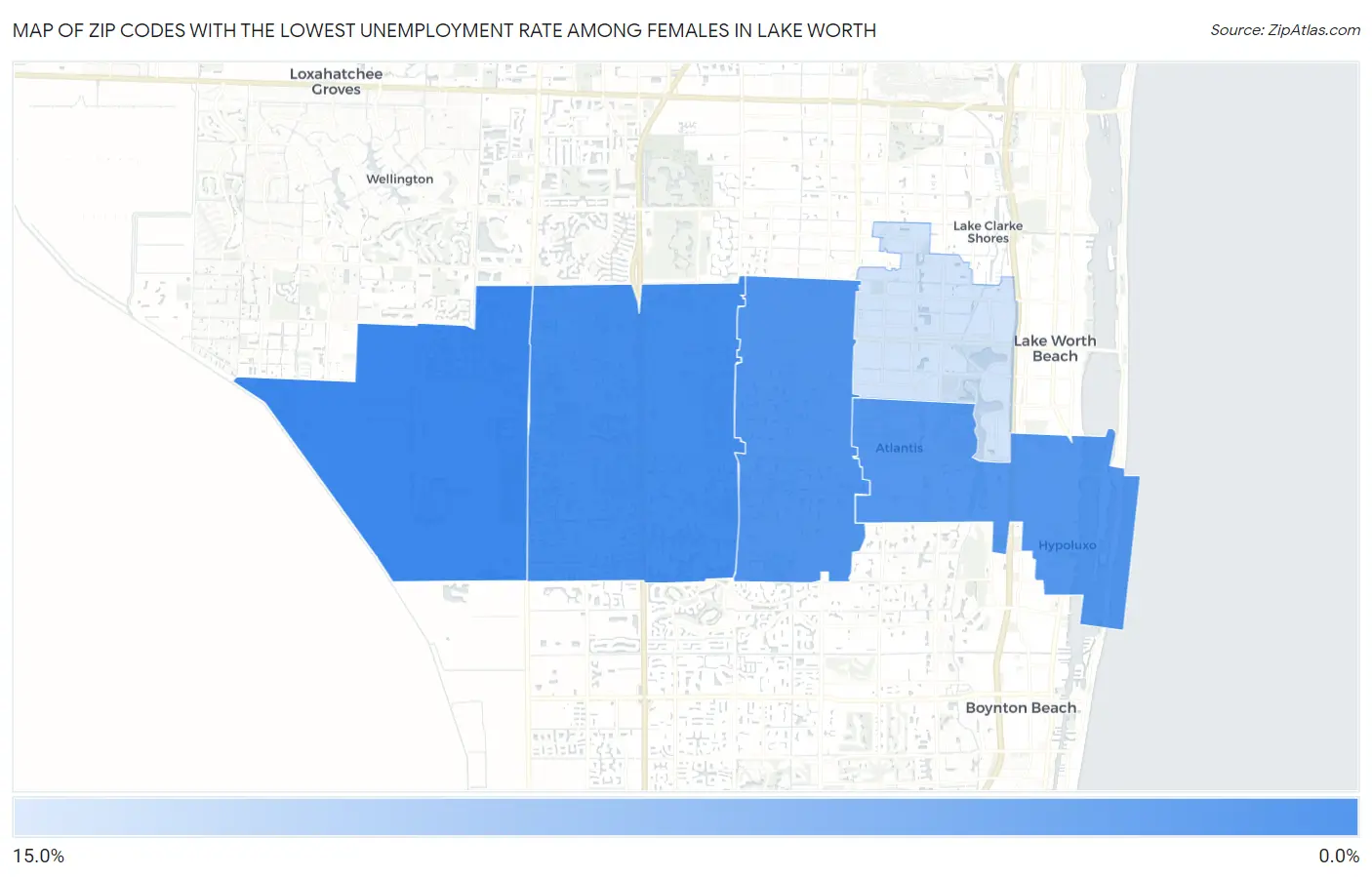Zip Codes with the Lowest Unemployment Rate Among Females in Lake Worth Map