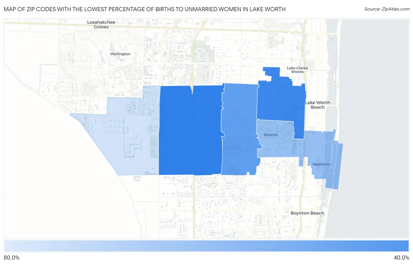 Zip Codes with the Lowest Percentage of Births to Unmarried Women in Lake Worth Map