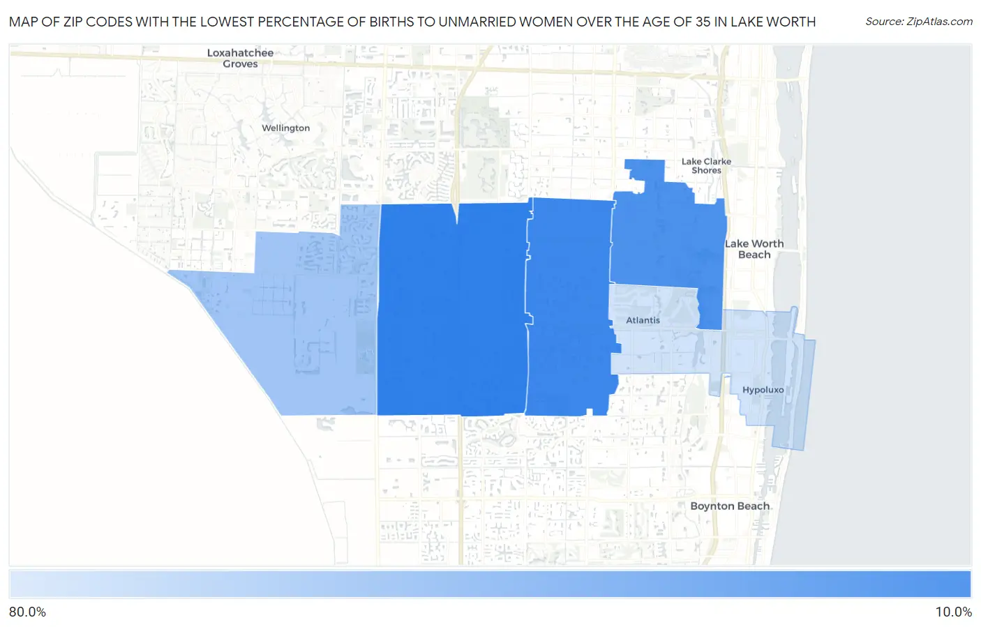 Zip Codes with the Lowest Percentage of Births to Unmarried Women over the Age of 35 in Lake Worth Map