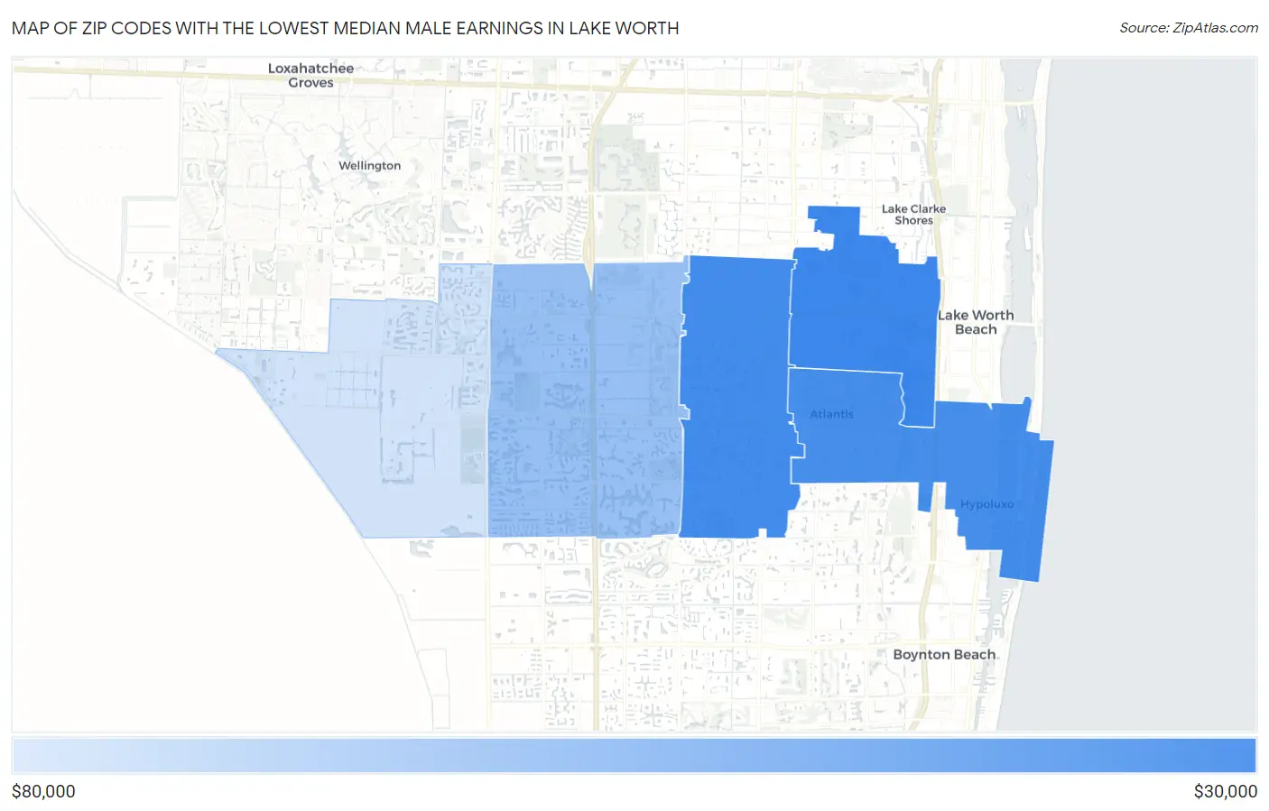 Zip Codes with the Lowest Median Male Earnings in Lake Worth Map