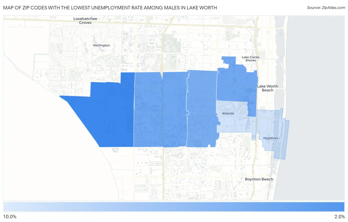 Zip Codes with the Lowest Unemployment Rate Among Males in Lake Worth Map