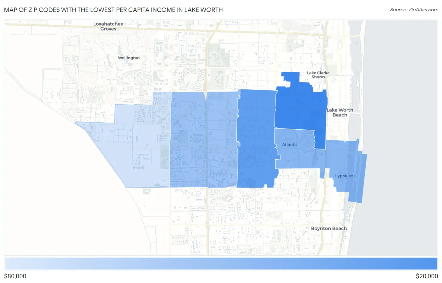 Zip Codes with the Lowest Per Capita Income in Lake Worth Map