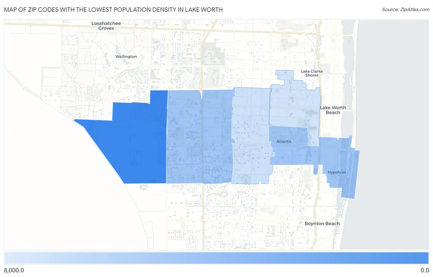 Zip Codes with the Lowest Population Density in Lake Worth Map