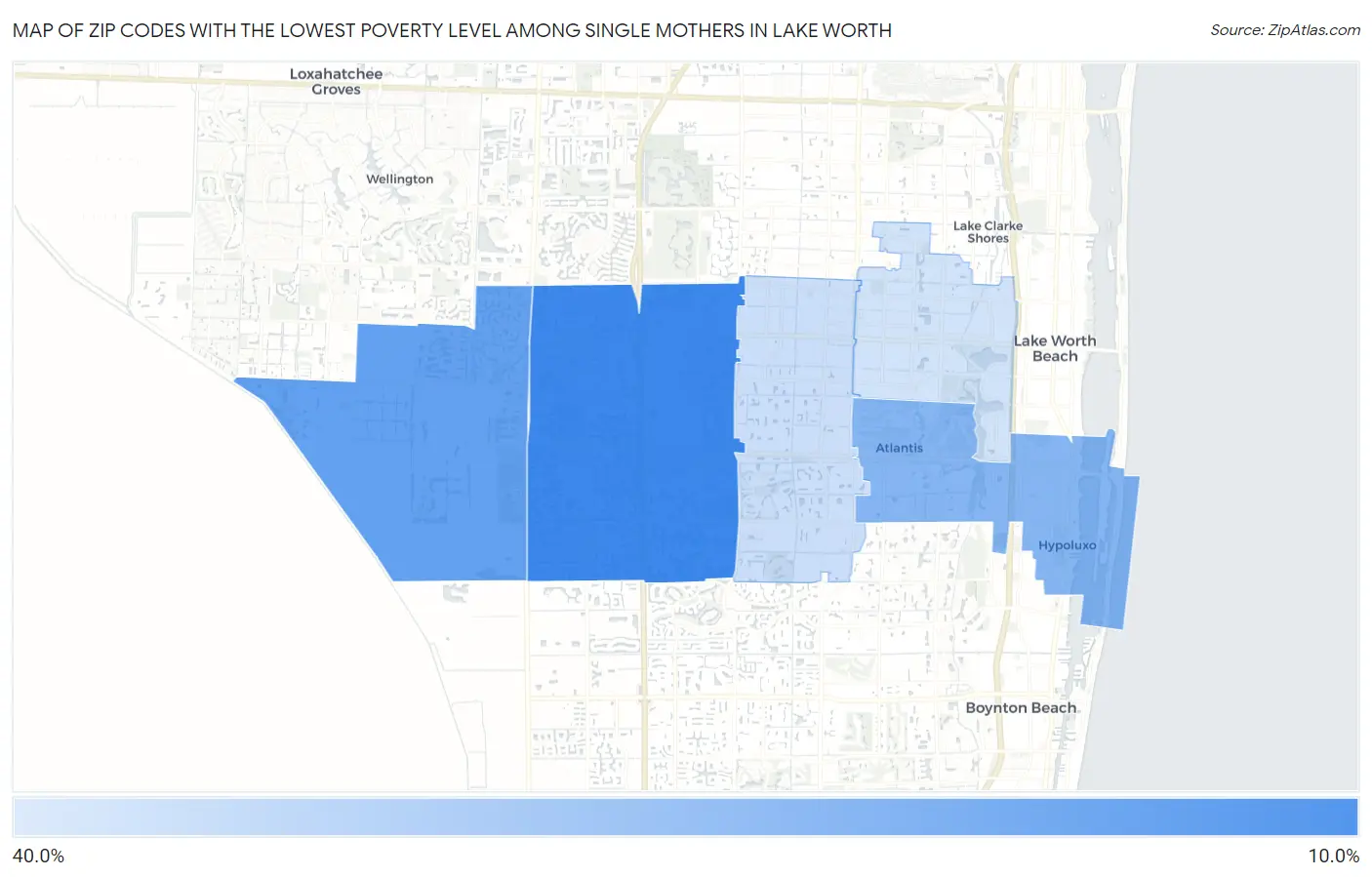 Zip Codes with the Lowest Poverty Level Among Single Mothers in Lake Worth Map