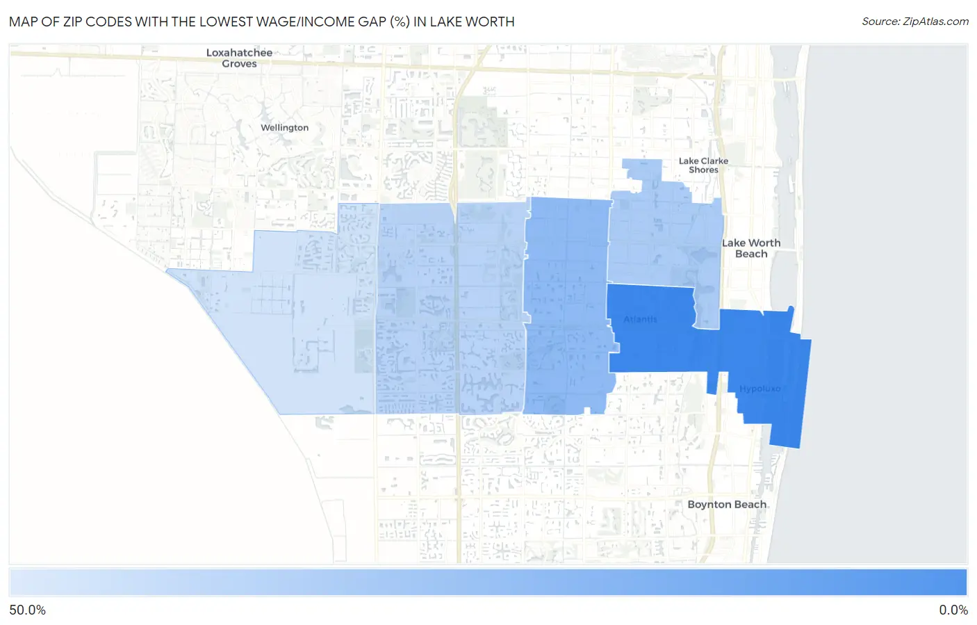 Zip Codes with the Lowest Wage/Income Gap (%) in Lake Worth Map