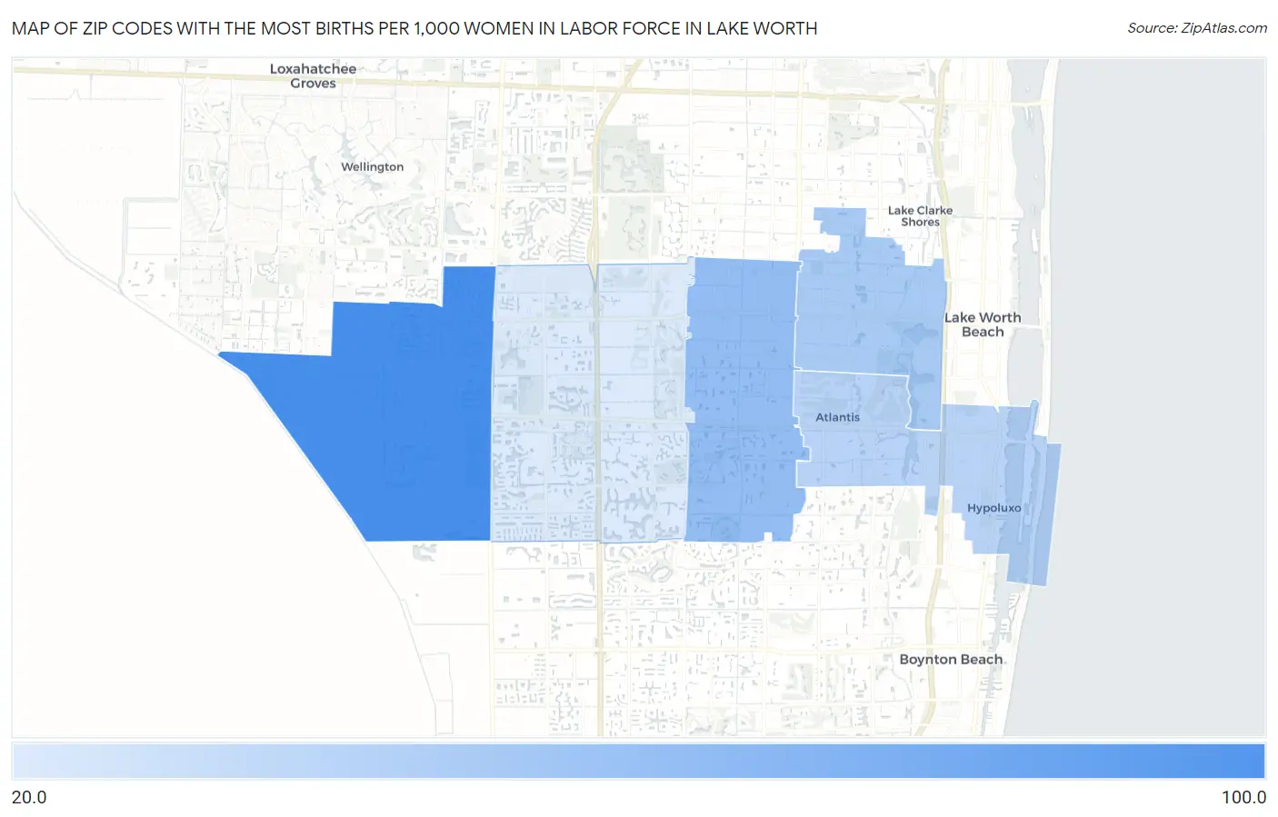 Zip Codes with the Most Births per 1,000 Women in Labor Force in Lake Worth Map