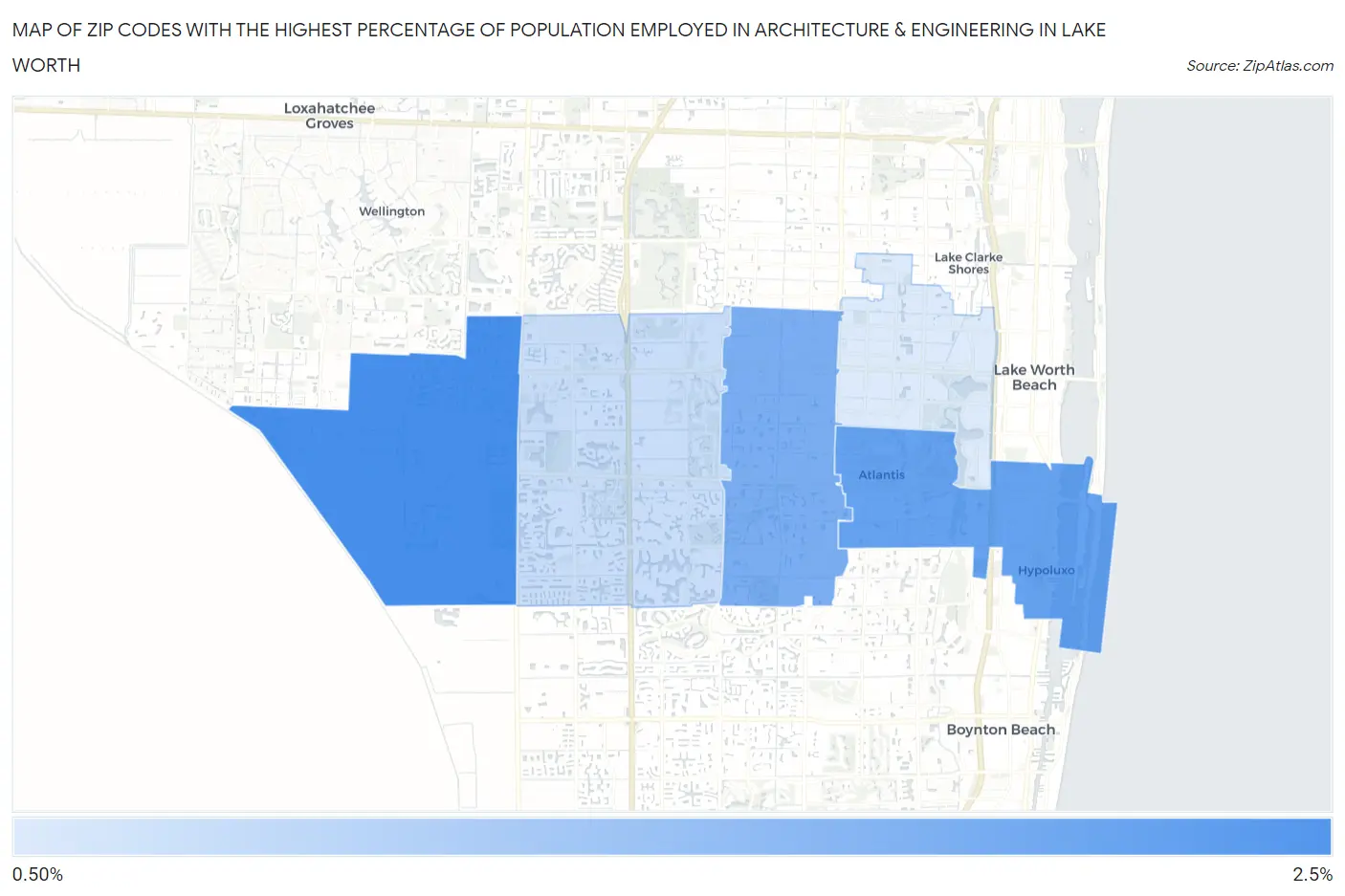 Zip Codes with the Highest Percentage of Population Employed in Architecture & Engineering in Lake Worth Map