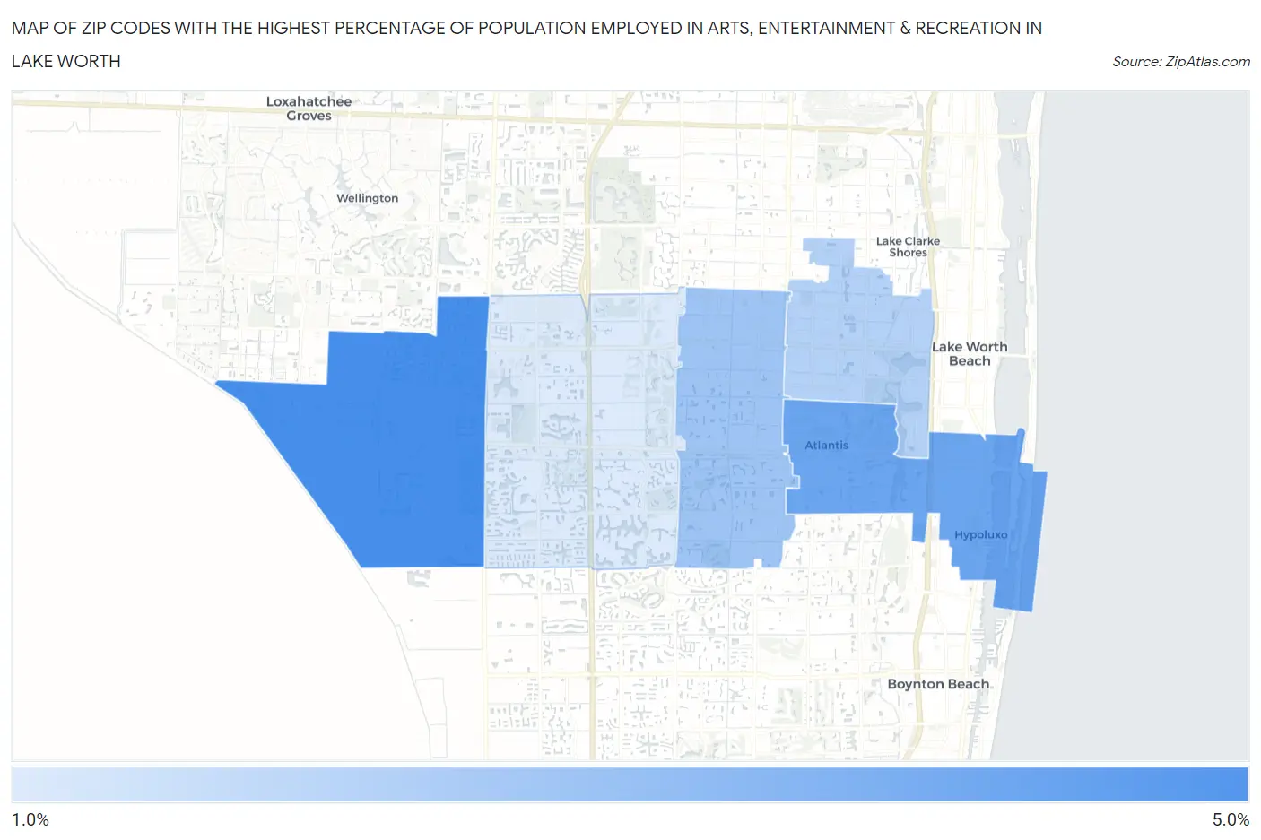 Zip Codes with the Highest Percentage of Population Employed in Arts, Entertainment & Recreation in Lake Worth Map