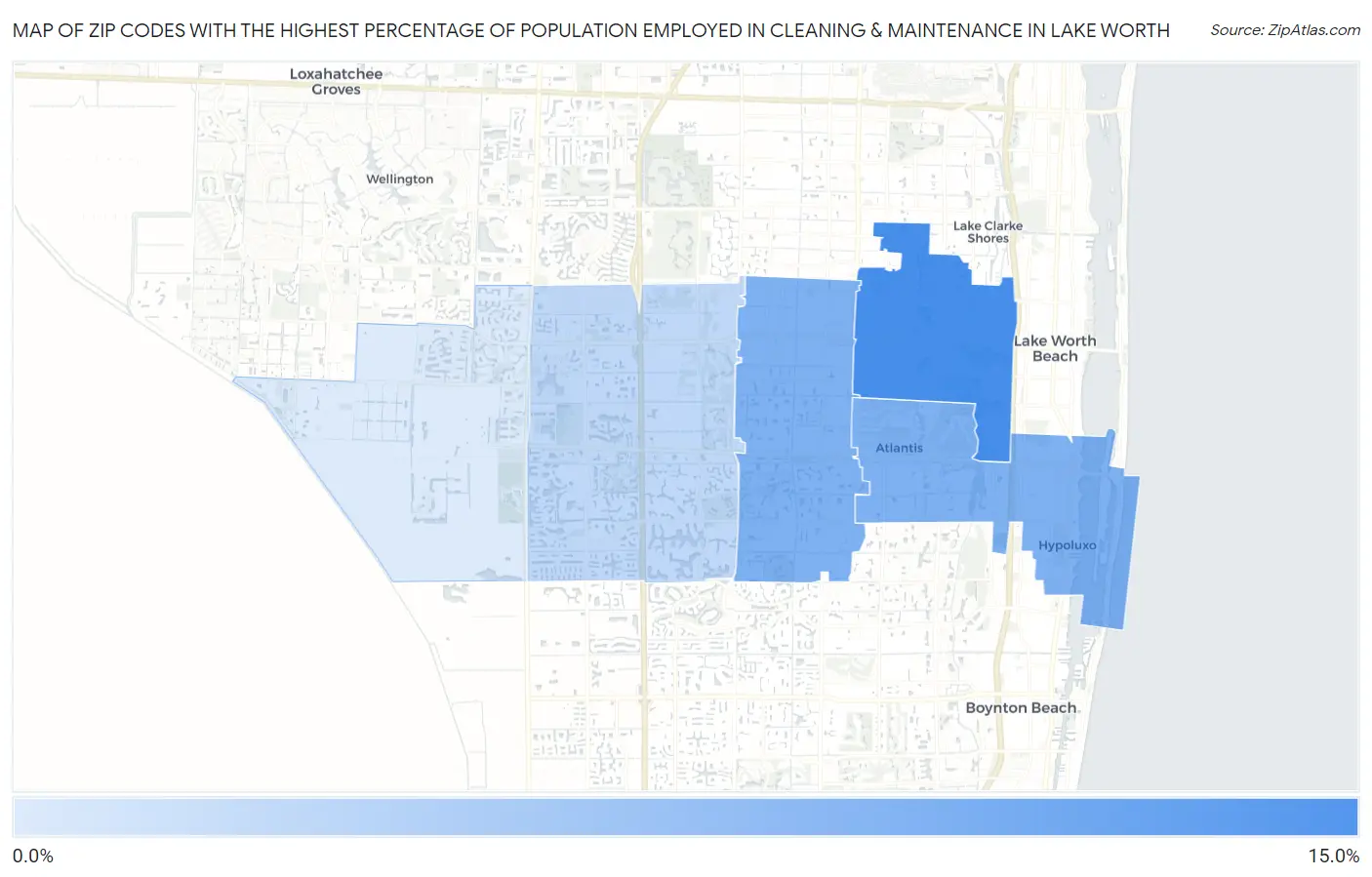 Zip Codes with the Highest Percentage of Population Employed in Cleaning & Maintenance in Lake Worth Map