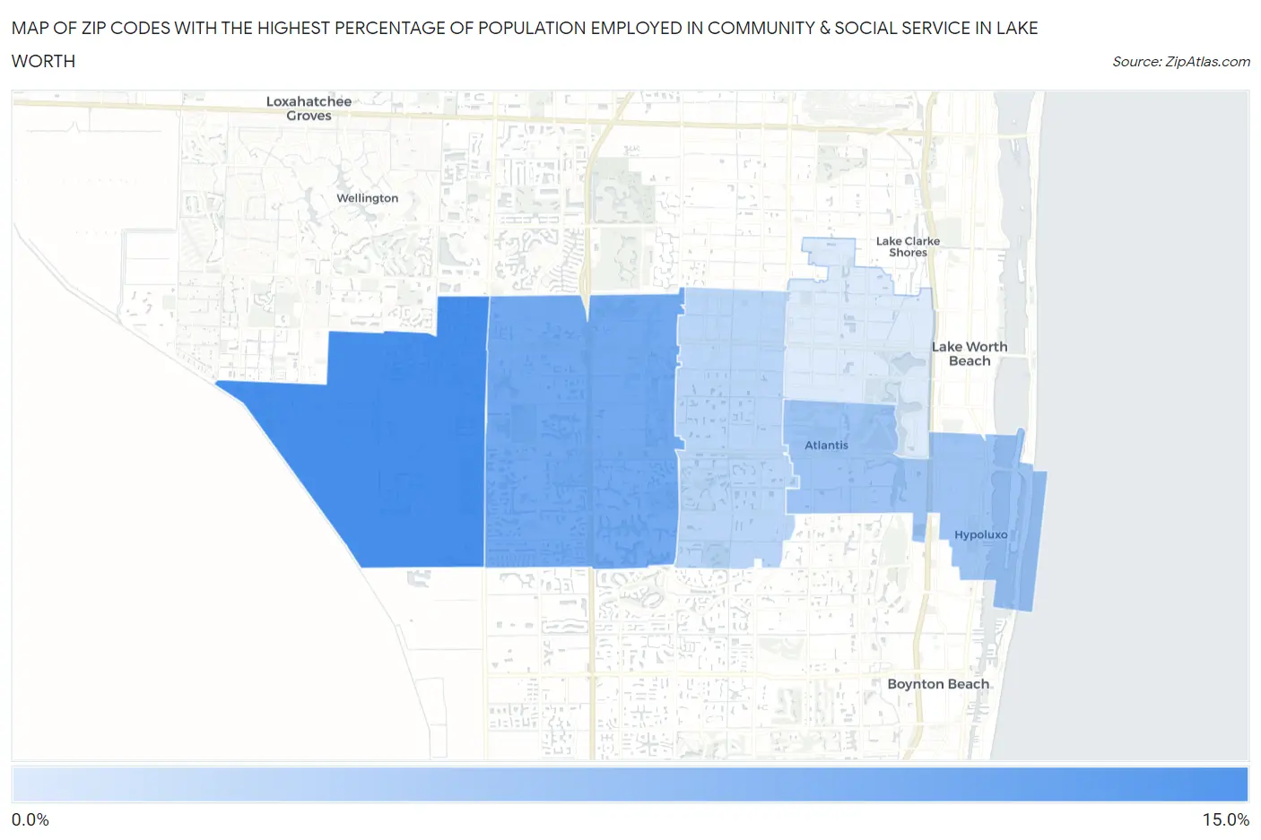 Zip Codes with the Highest Percentage of Population Employed in Community & Social Service  in Lake Worth Map