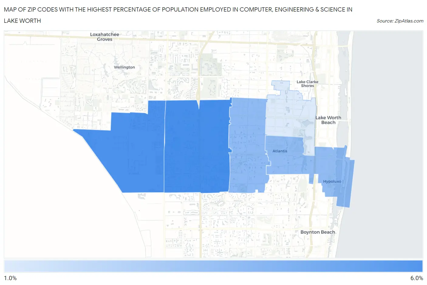 Zip Codes with the Highest Percentage of Population Employed in Computer, Engineering & Science in Lake Worth Map
