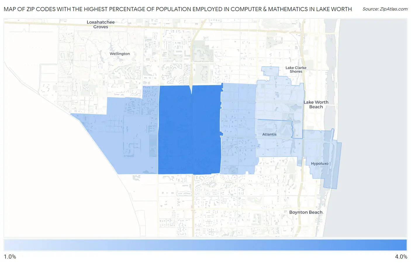 Zip Codes with the Highest Percentage of Population Employed in Computer & Mathematics in Lake Worth Map