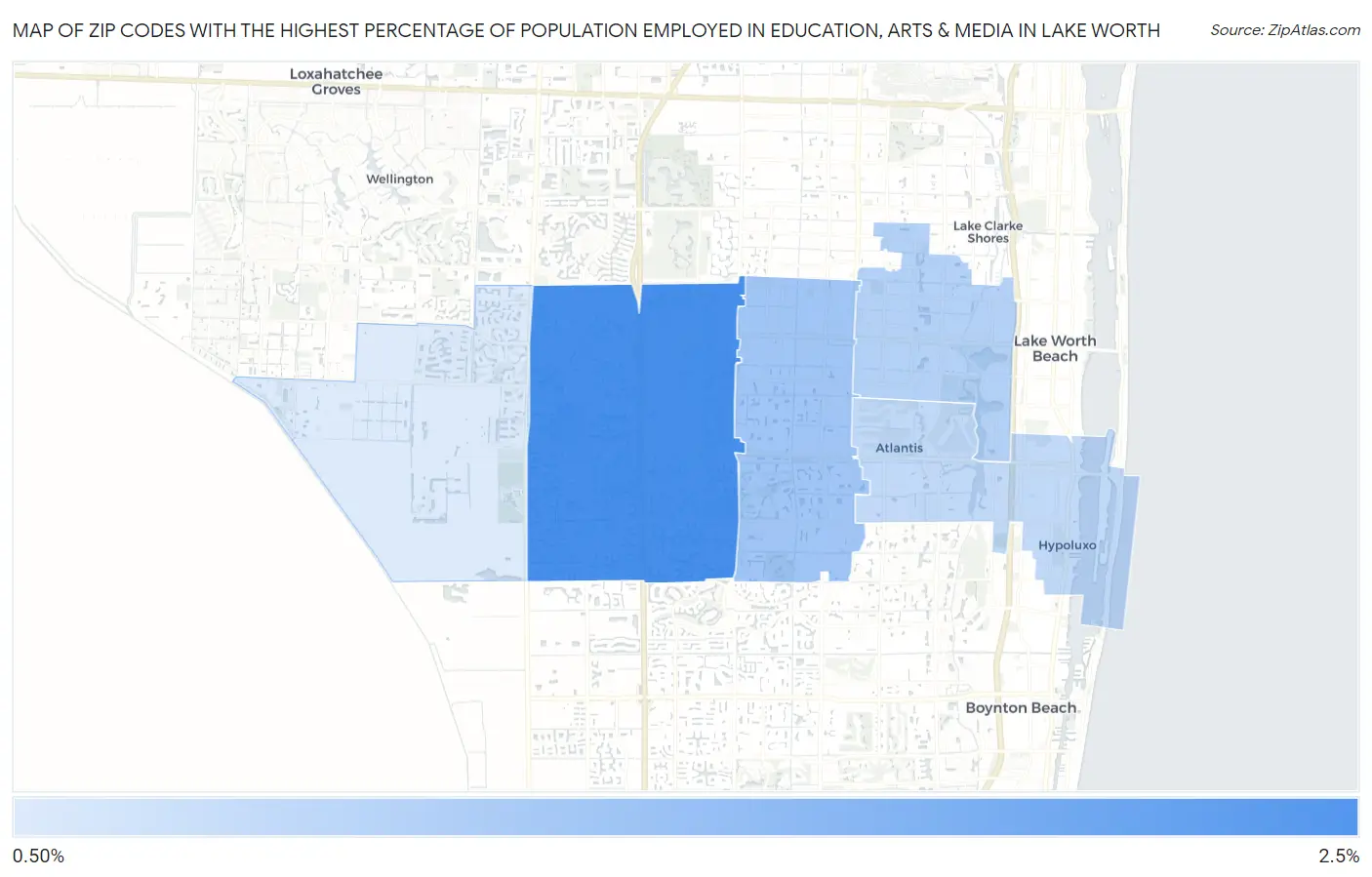 Zip Codes with the Highest Percentage of Population Employed in Education, Arts & Media in Lake Worth Map