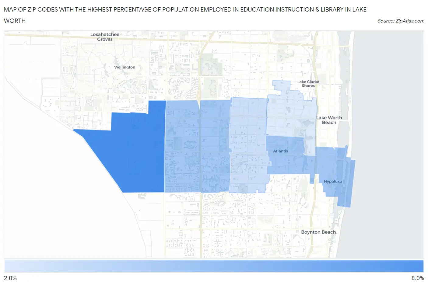 Zip Codes with the Highest Percentage of Population Employed in Education Instruction & Library in Lake Worth Map