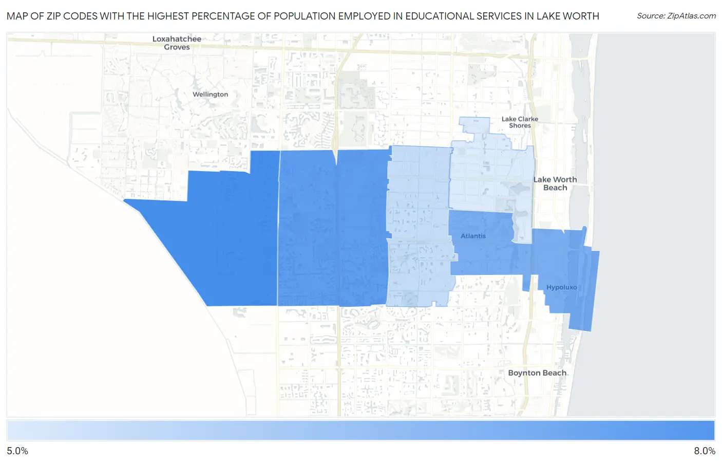 Zip Codes with the Highest Percentage of Population Employed in Educational Services in Lake Worth Map