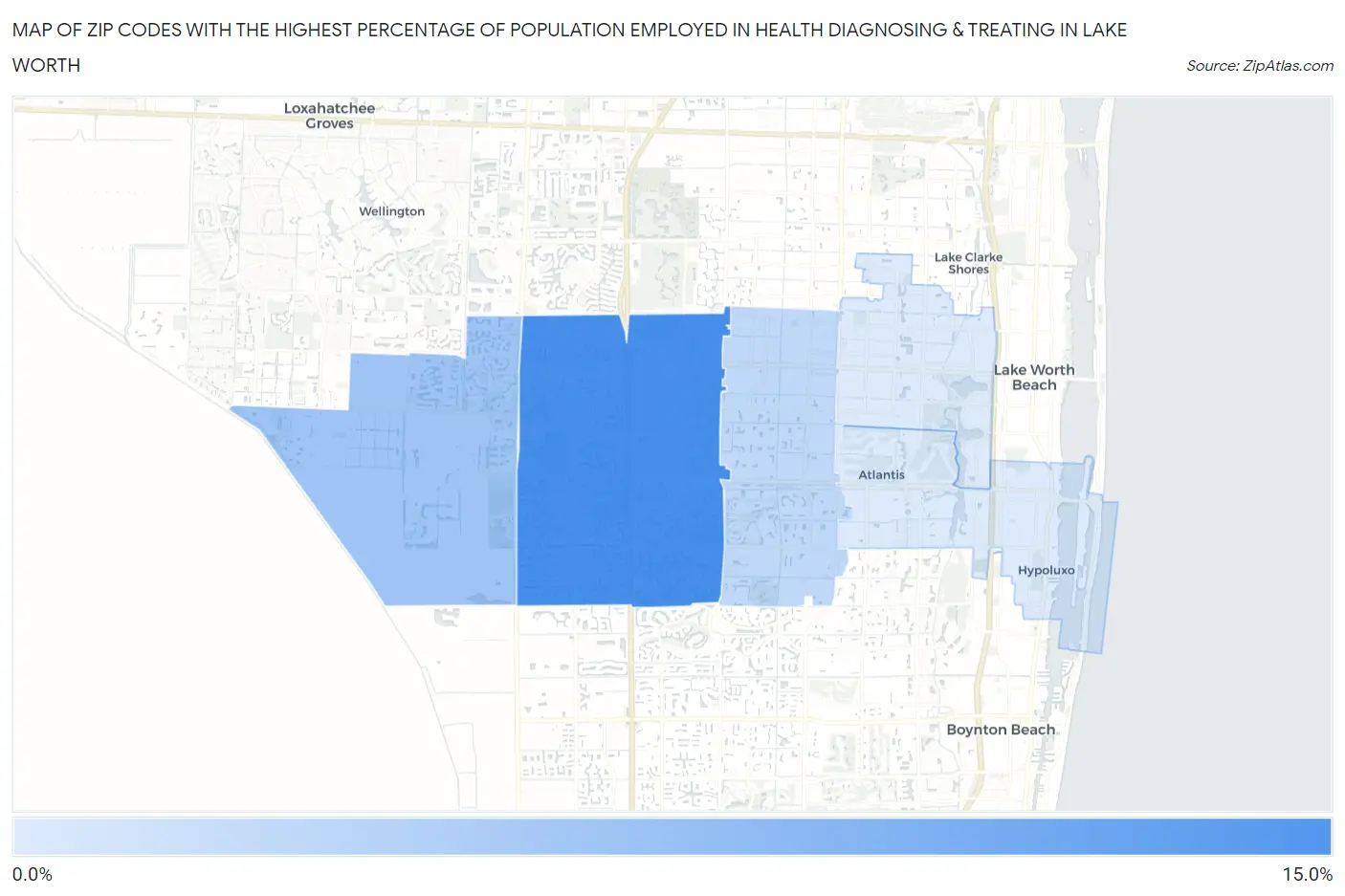 Zip Codes with the Highest Percentage of Population Employed in Health Diagnosing & Treating in Lake Worth Map