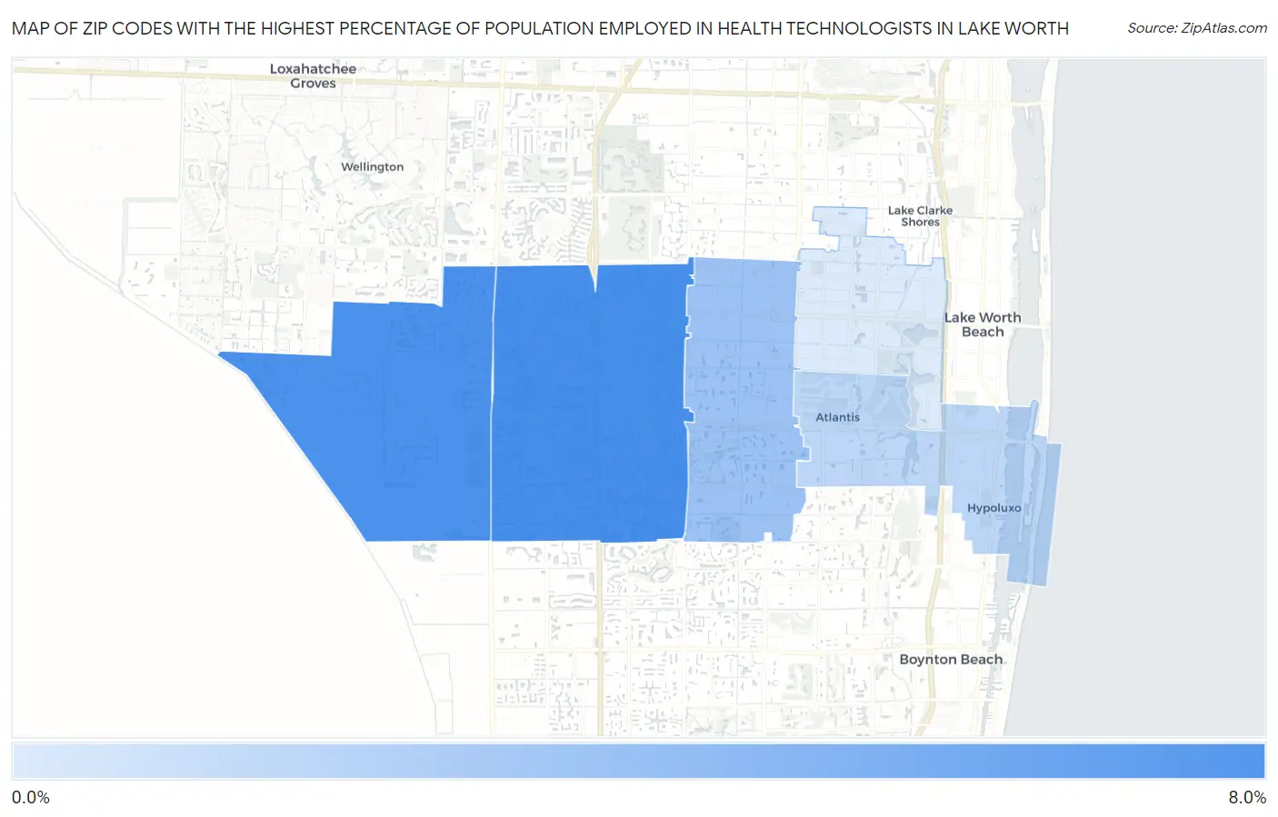Zip Codes with the Highest Percentage of Population Employed in Health Technologists in Lake Worth Map