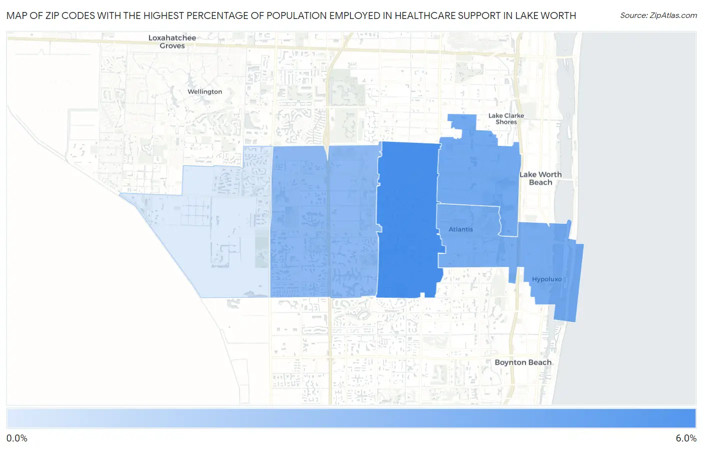 Zip Codes with the Highest Percentage of Population Employed in Healthcare Support in Lake Worth Map