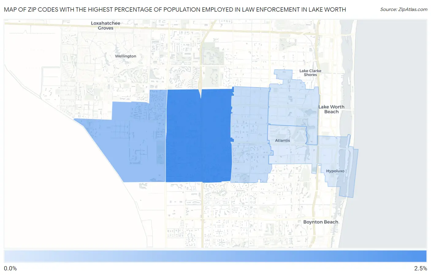 Zip Codes with the Highest Percentage of Population Employed in Law Enforcement in Lake Worth Map
