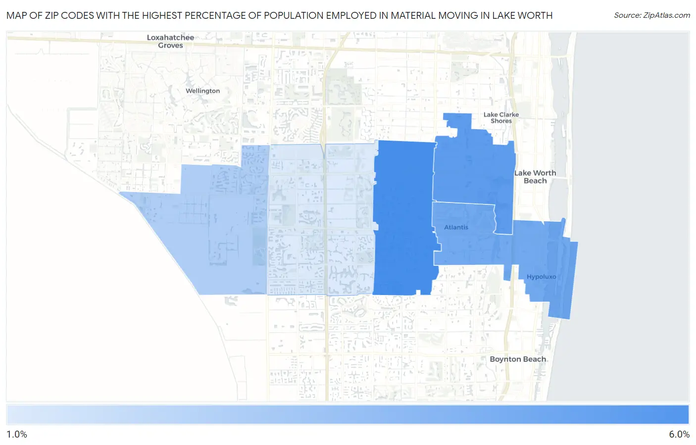 Zip Codes with the Highest Percentage of Population Employed in Material Moving in Lake Worth Map