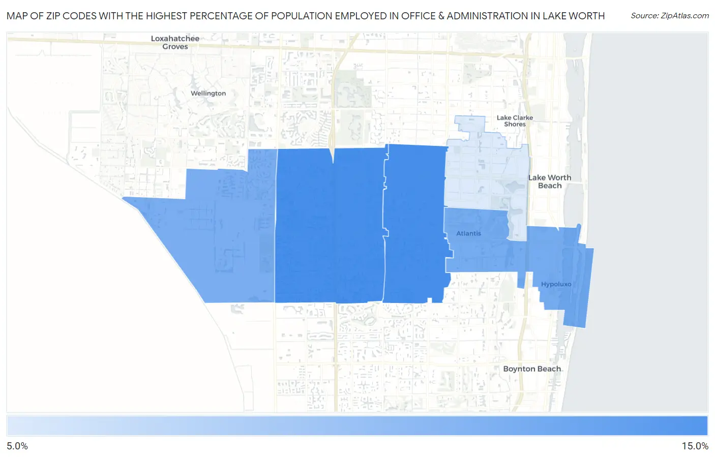 Zip Codes with the Highest Percentage of Population Employed in Office & Administration in Lake Worth Map
