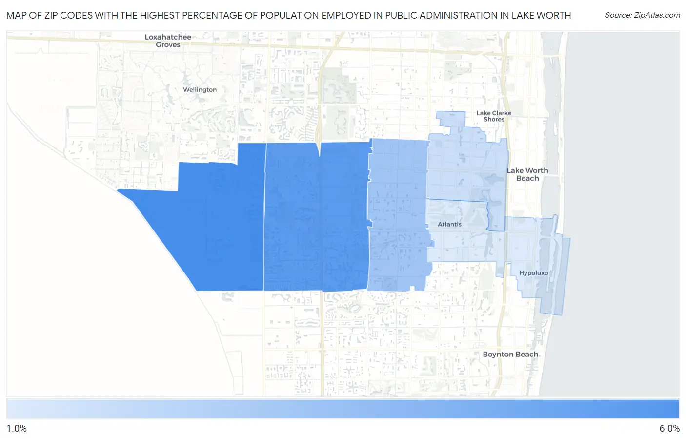 Zip Codes with the Highest Percentage of Population Employed in Public Administration in Lake Worth Map