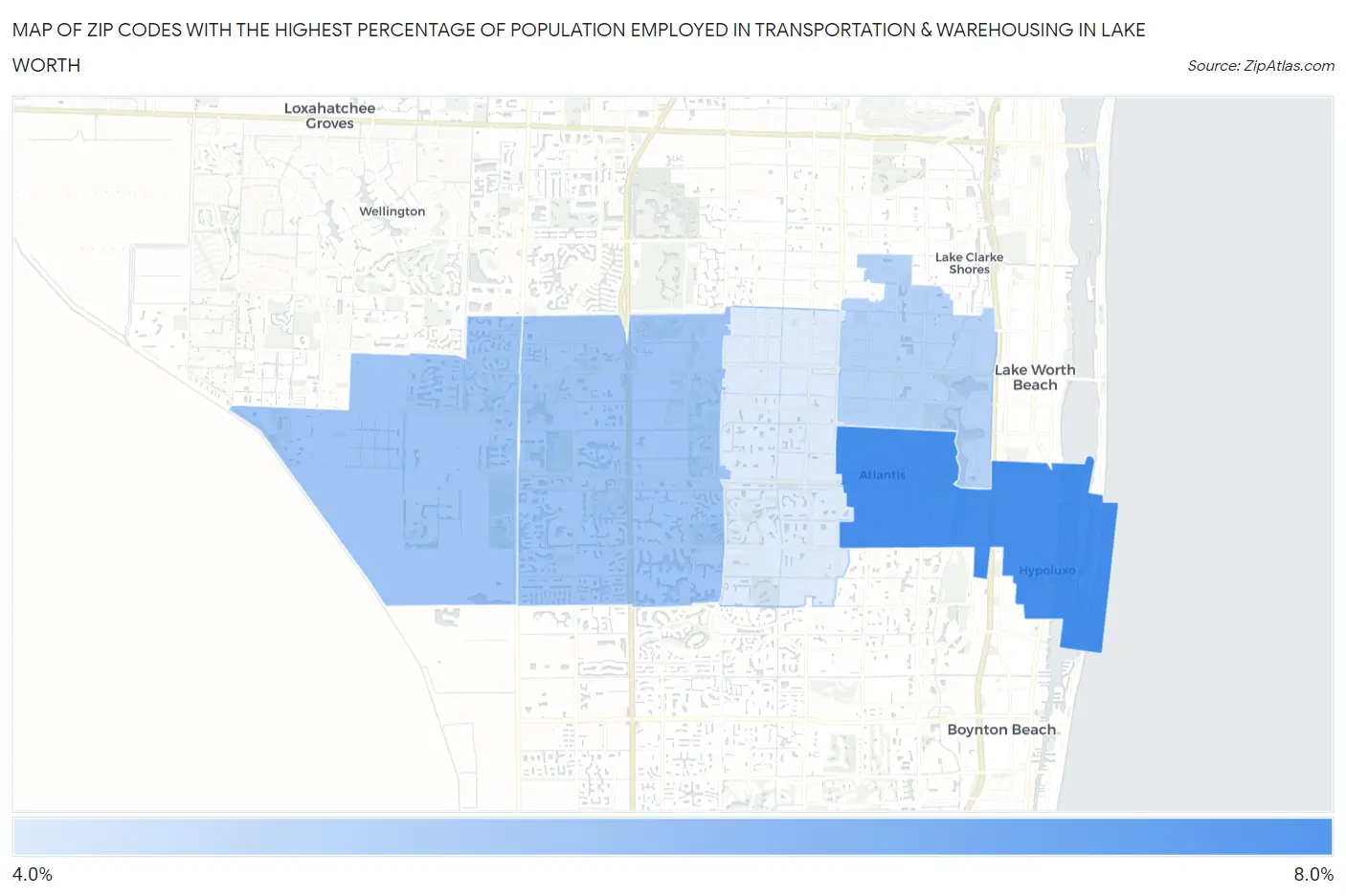 Zip Codes with the Highest Percentage of Population Employed in Transportation & Warehousing in Lake Worth Map