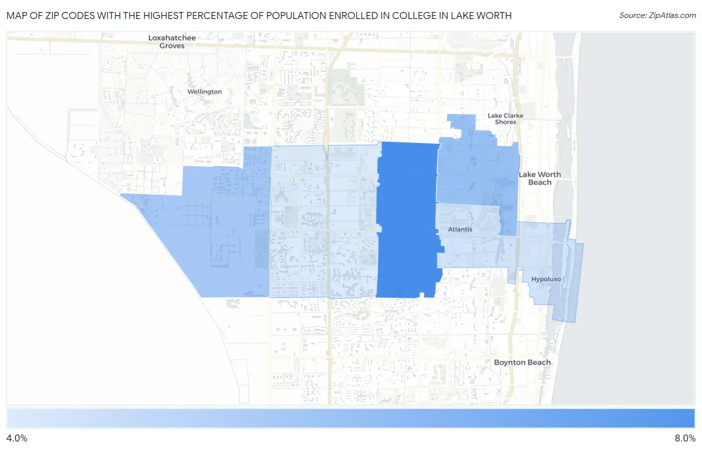 Zip Codes with the Highest Percentage of Population Enrolled in College in Lake Worth Map