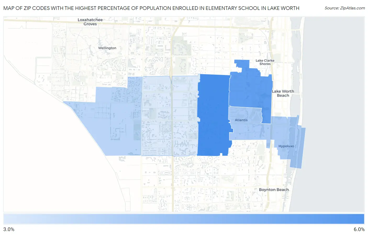 Zip Codes with the Highest Percentage of Population Enrolled in Elementary School in Lake Worth Map