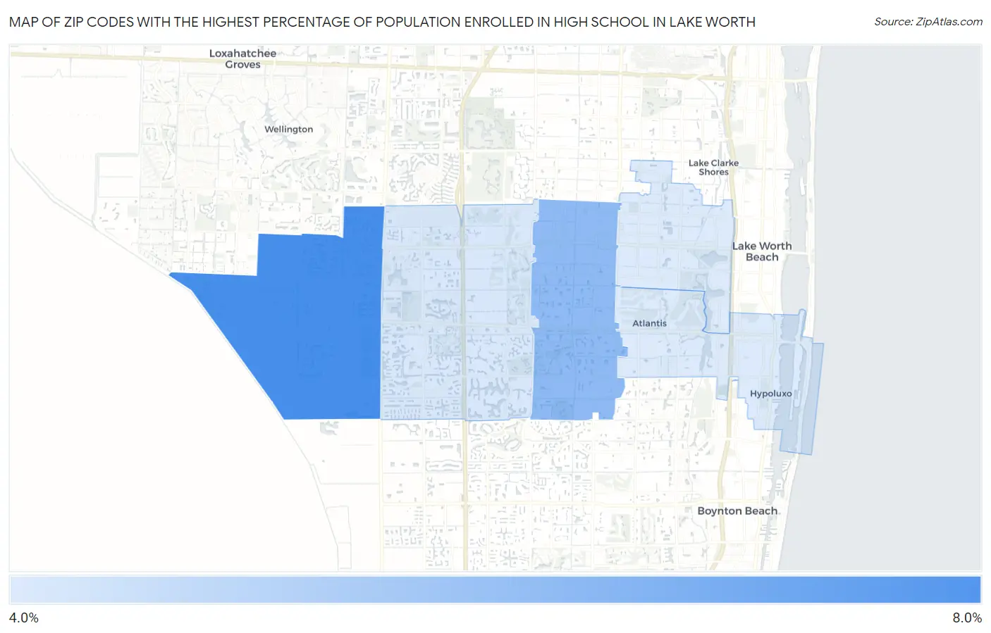 Zip Codes with the Highest Percentage of Population Enrolled in High School in Lake Worth Map
