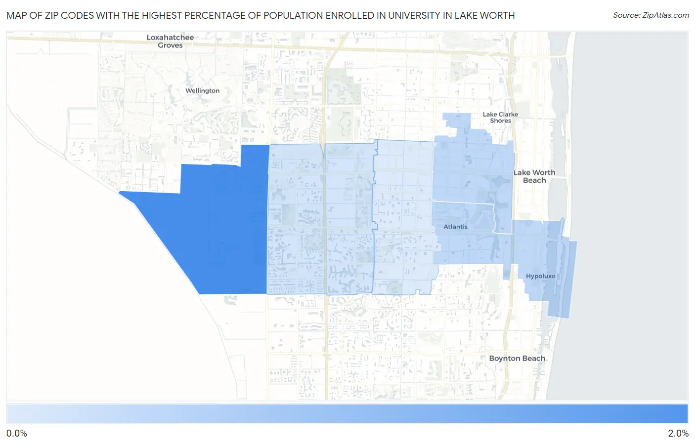 Zip Codes with the Highest Percentage of Population Enrolled in University in Lake Worth Map