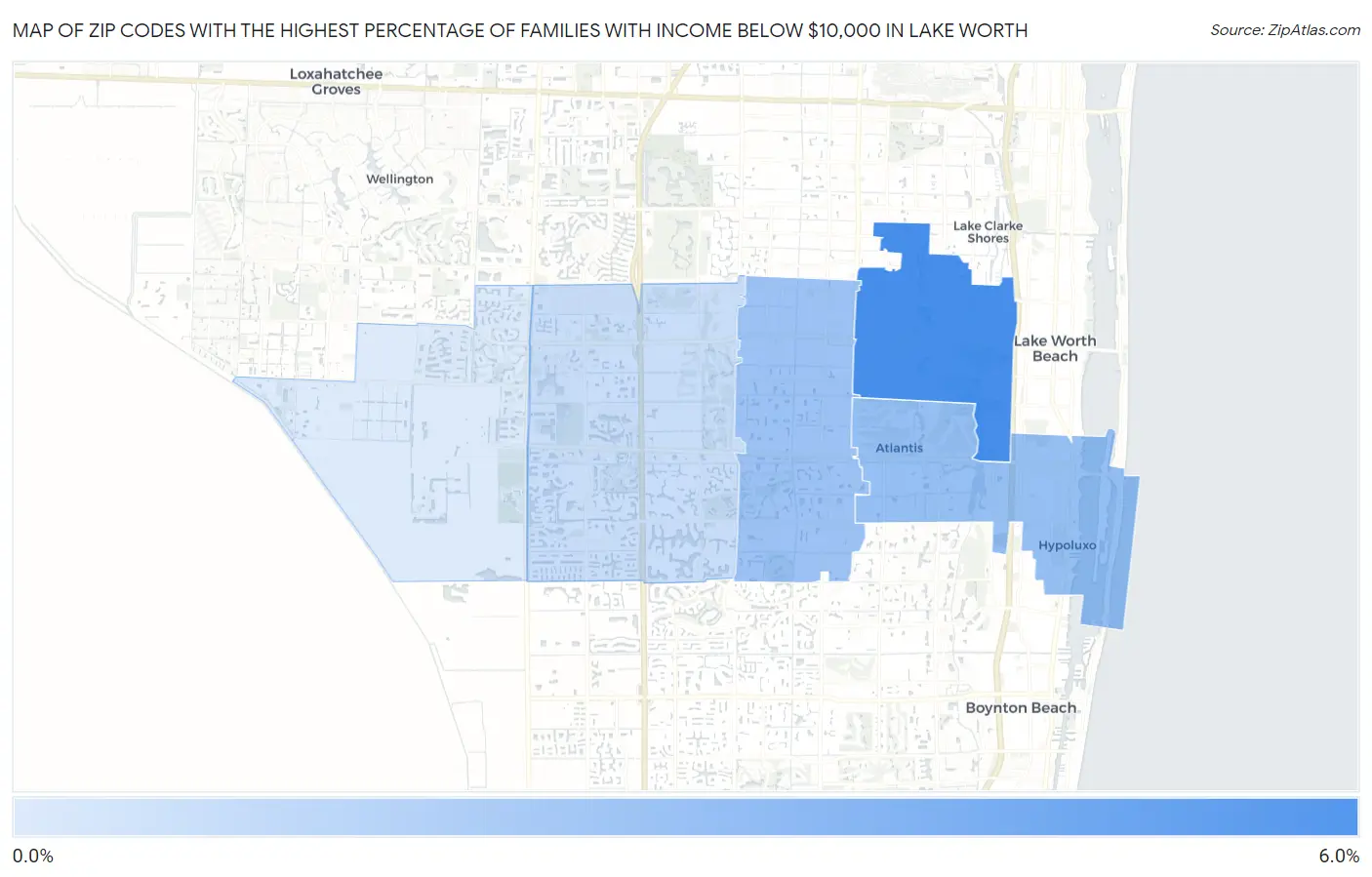 Zip Codes with the Highest Percentage of Families with Income Below $10,000 in Lake Worth Map