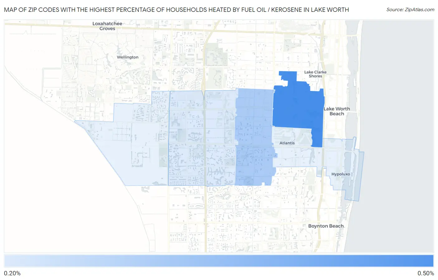 Zip Codes with the Highest Percentage of Households Heated by Fuel Oil / Kerosene in Lake Worth Map