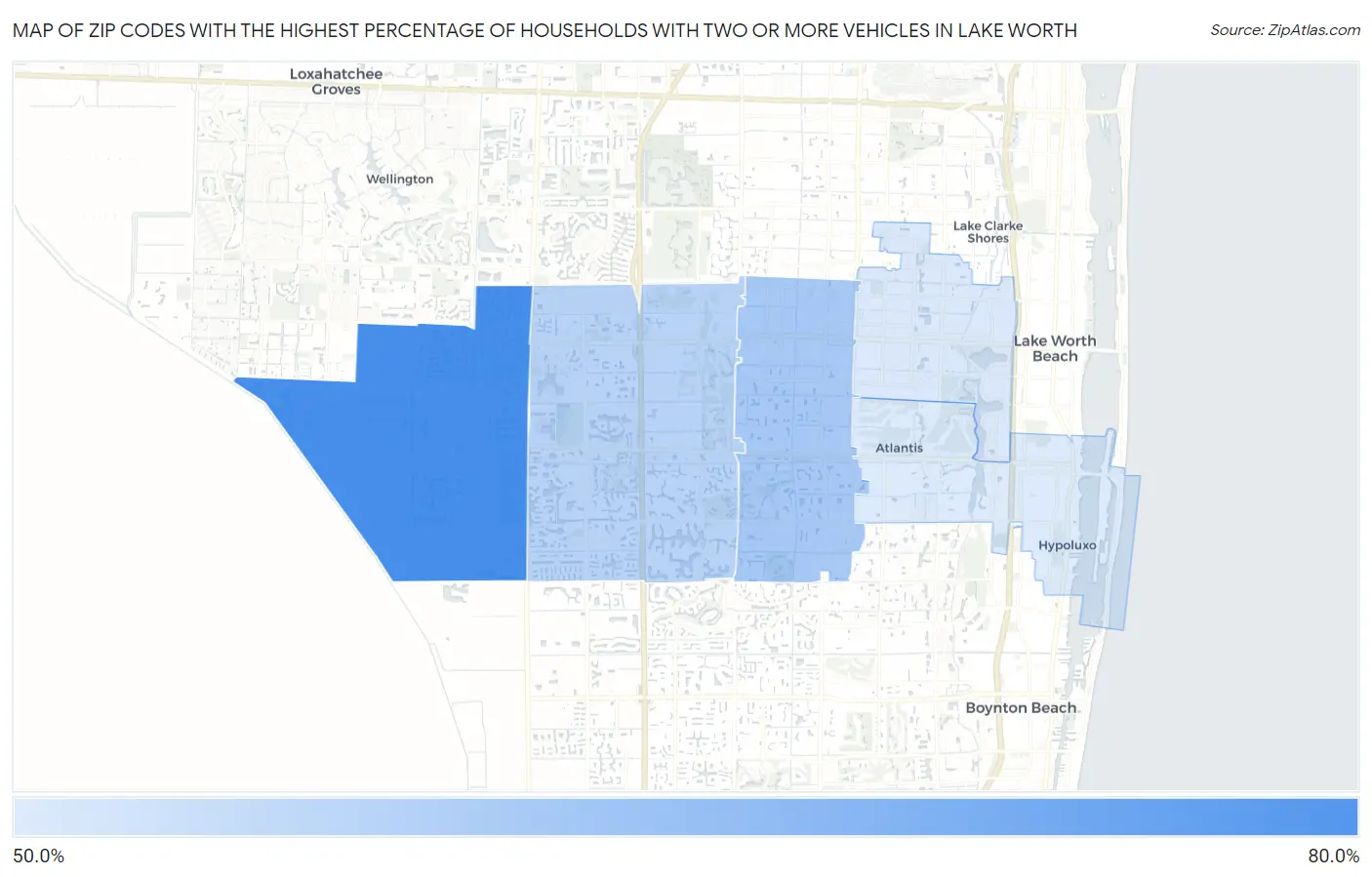 Zip Codes with the Highest Percentage of Households With Two or more Vehicles in Lake Worth Map