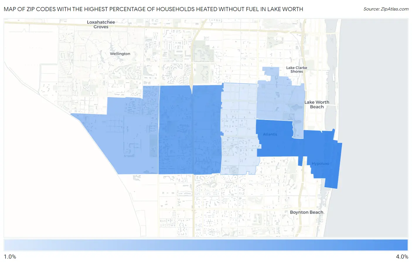 Zip Codes with the Highest Percentage of Households Heated without Fuel in Lake Worth Map