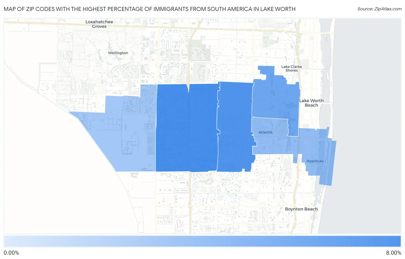Zip Codes with the Highest Percentage of Immigrants from South America in Lake Worth Map