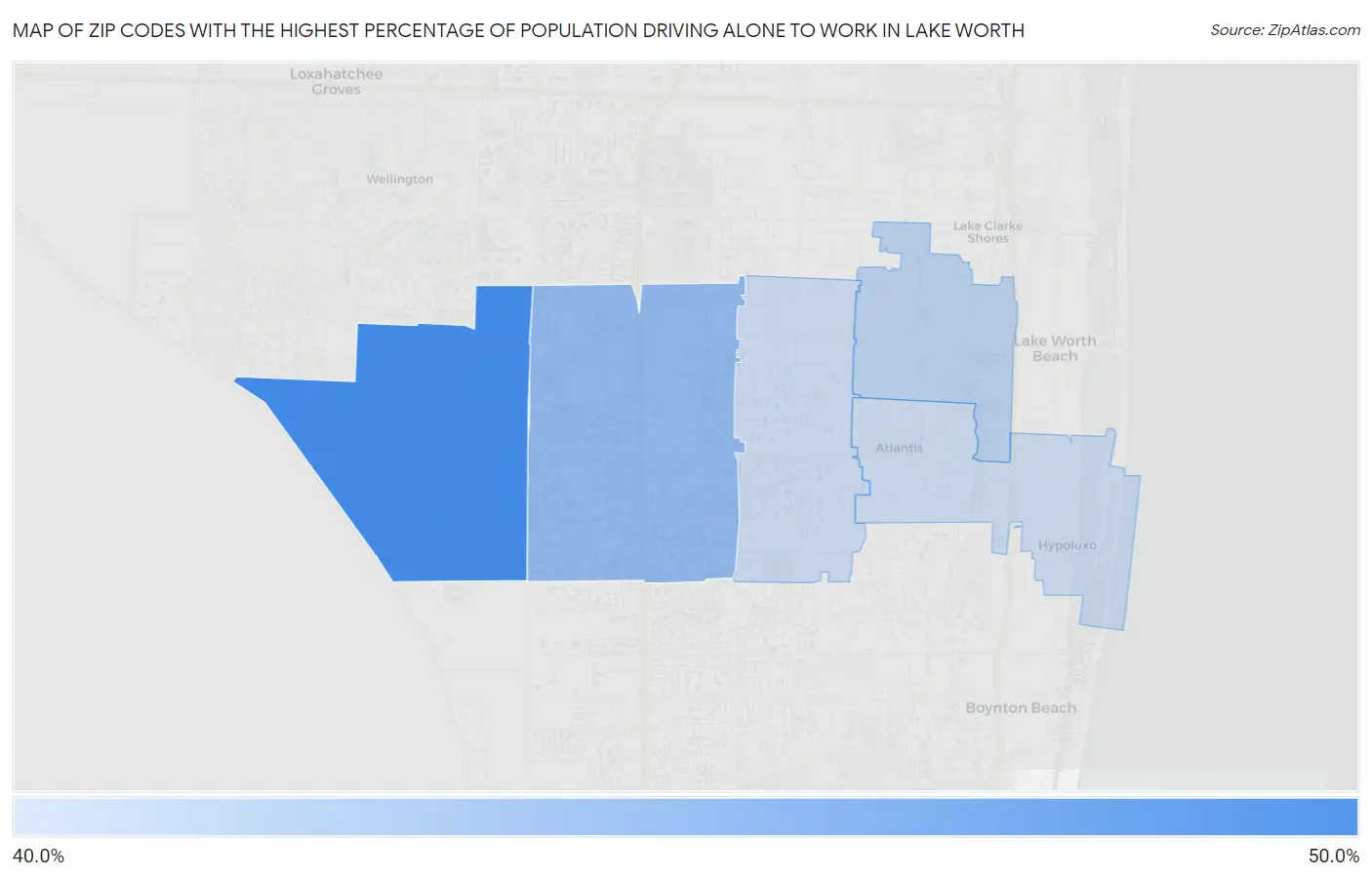 Zip Codes with the Highest Percentage of Population Driving Alone to Work in Lake Worth Map