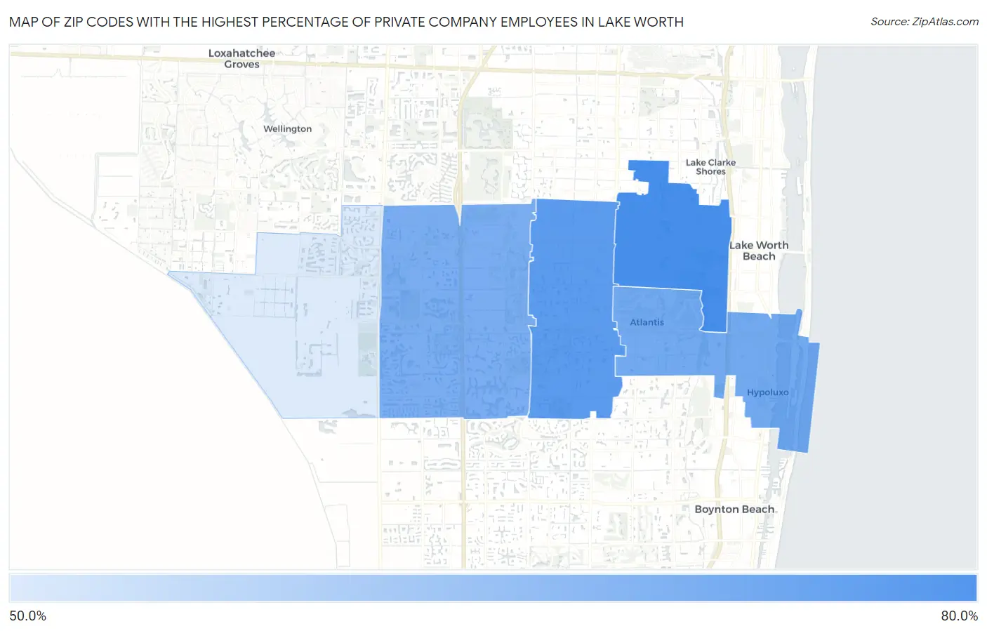 Zip Codes with the Highest Percentage of Private Company Employees in Lake Worth Map
