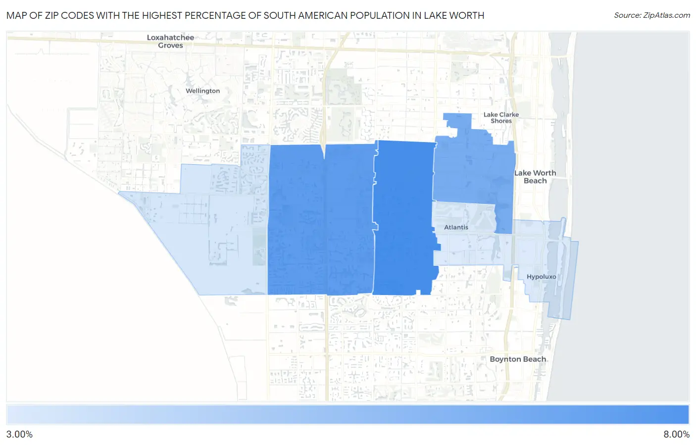 Zip Codes with the Highest Percentage of South American Population in Lake Worth Map