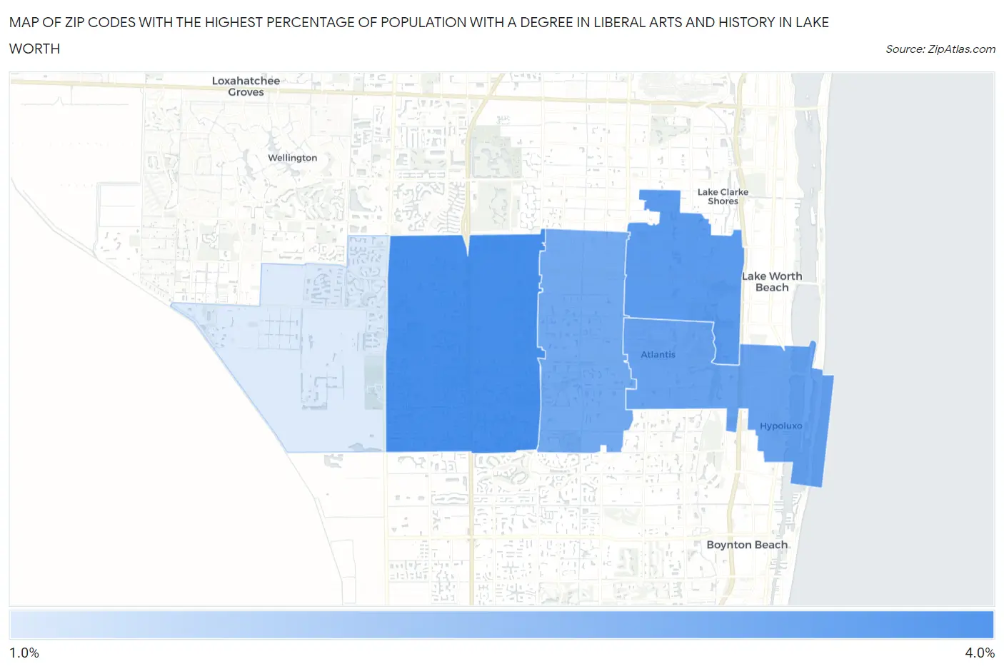 Zip Codes with the Highest Percentage of Population with a Degree in Liberal Arts and History in Lake Worth Map