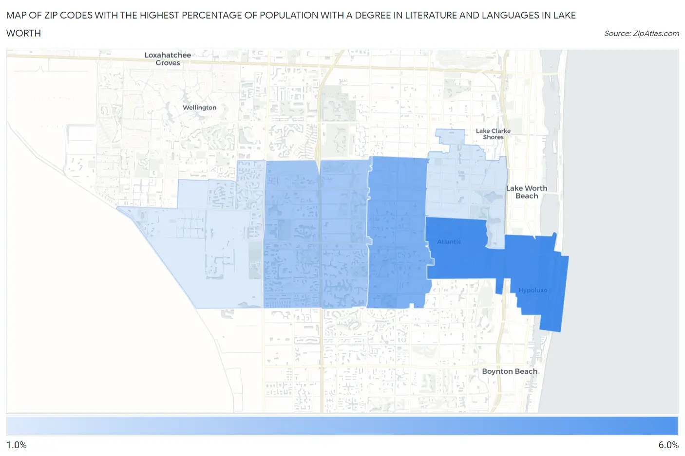 Zip Codes with the Highest Percentage of Population with a Degree in Literature and Languages in Lake Worth Map