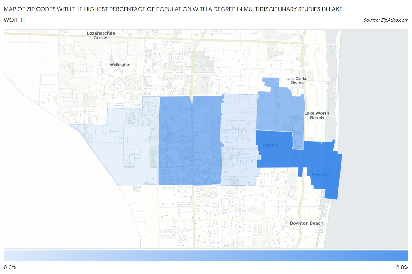 Zip Codes with the Highest Percentage of Population with a Degree in Multidisciplinary Studies in Lake Worth Map