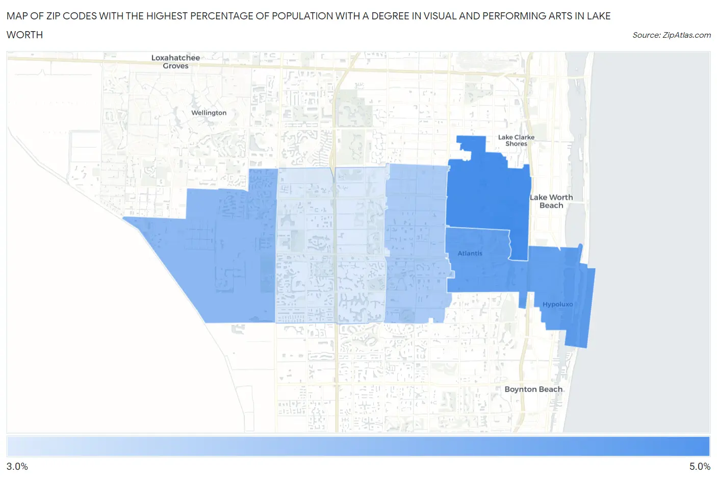 Zip Codes with the Highest Percentage of Population with a Degree in Visual and Performing Arts in Lake Worth Map