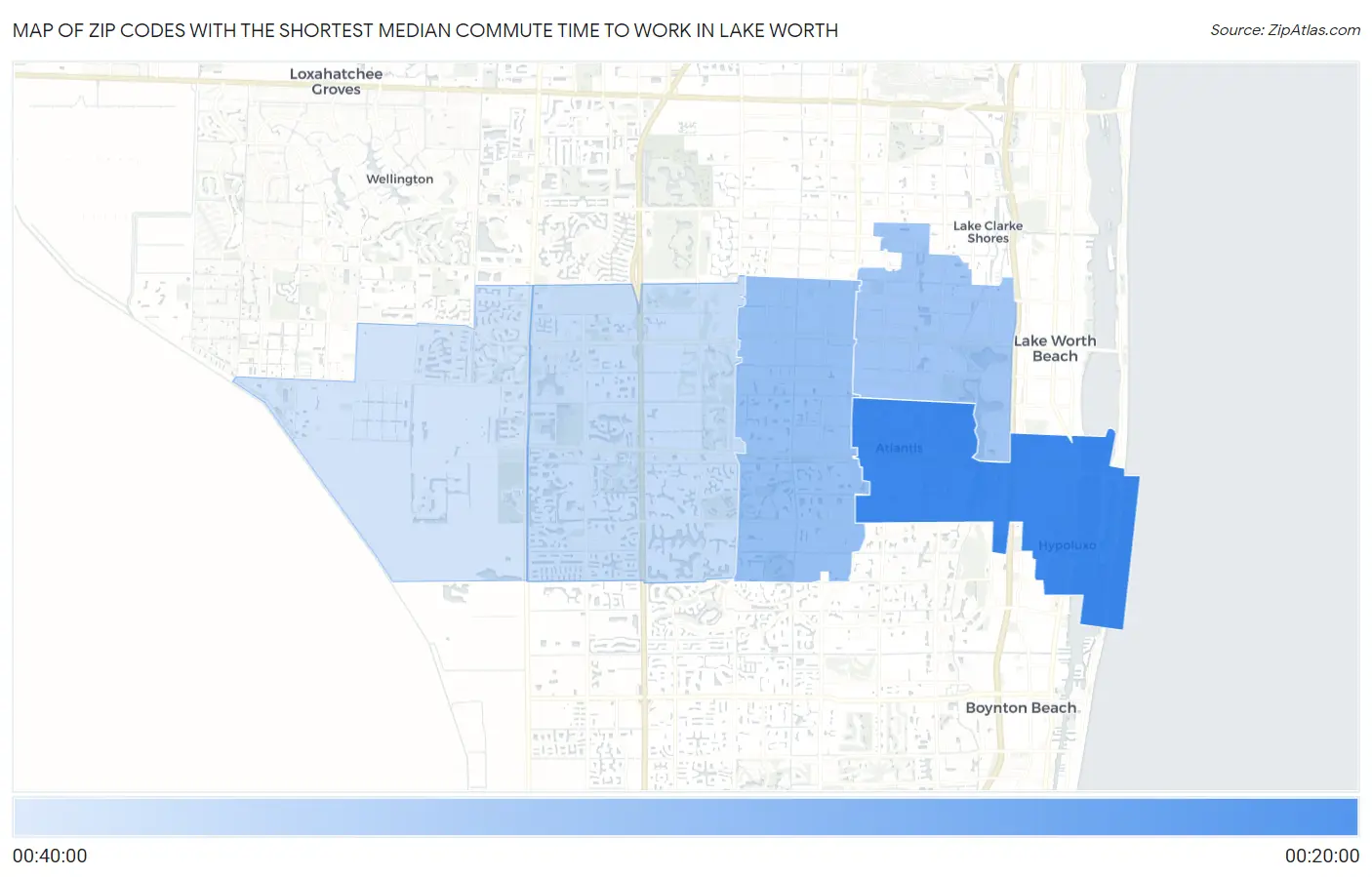Zip Codes with the Shortest Median Commute Time to Work in Lake Worth Map
