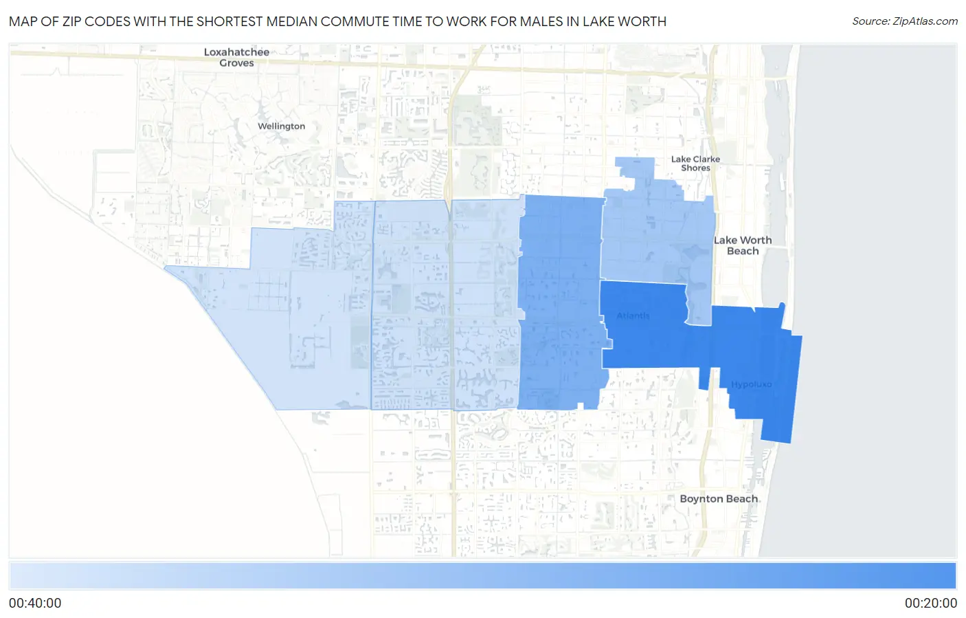 Zip Codes with the Shortest Median Commute Time to Work for Males in Lake Worth Map