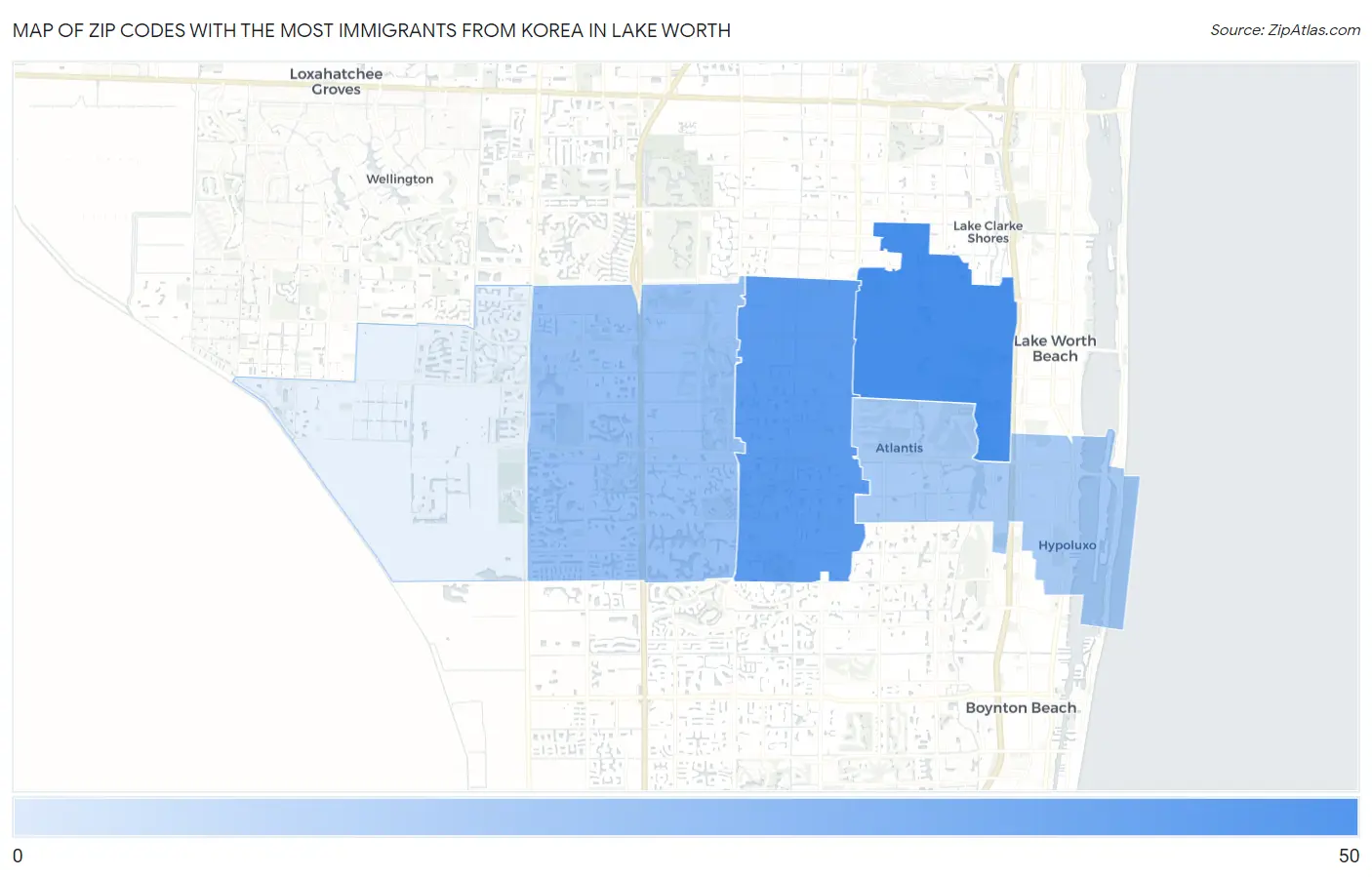 Zip Codes with the Most Immigrants from Korea in Lake Worth Map